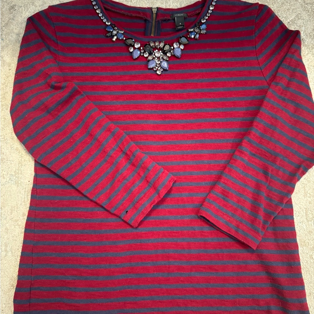 J. Crew Shirt Womens Small Burgundy Blue Striped Jewel Neckline Tunic Cotton